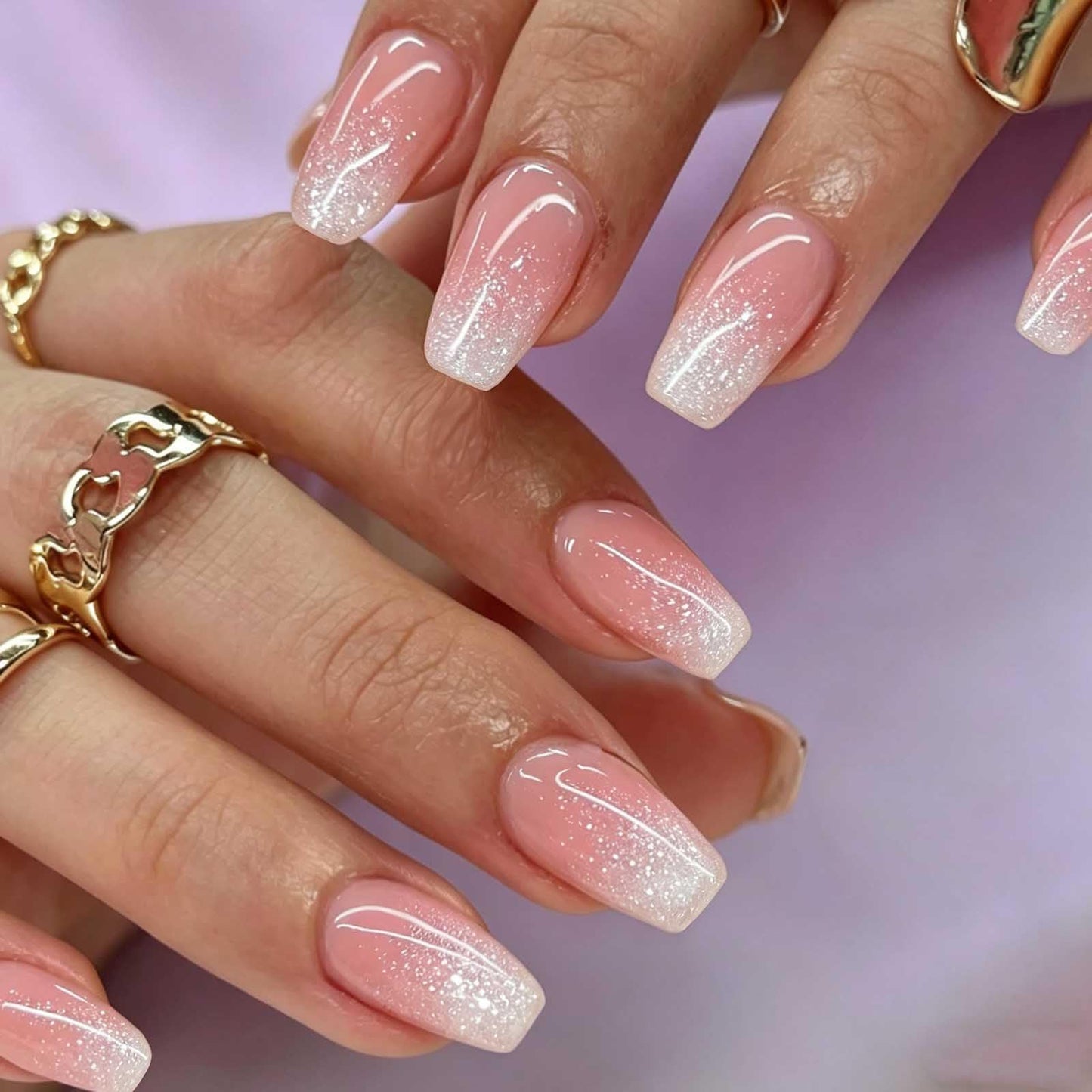 Hkanlre Medium Coffin Press on Nails Bling Fake Pink Nails Tips Full Cover False Nails for Women and Girls 24PCS