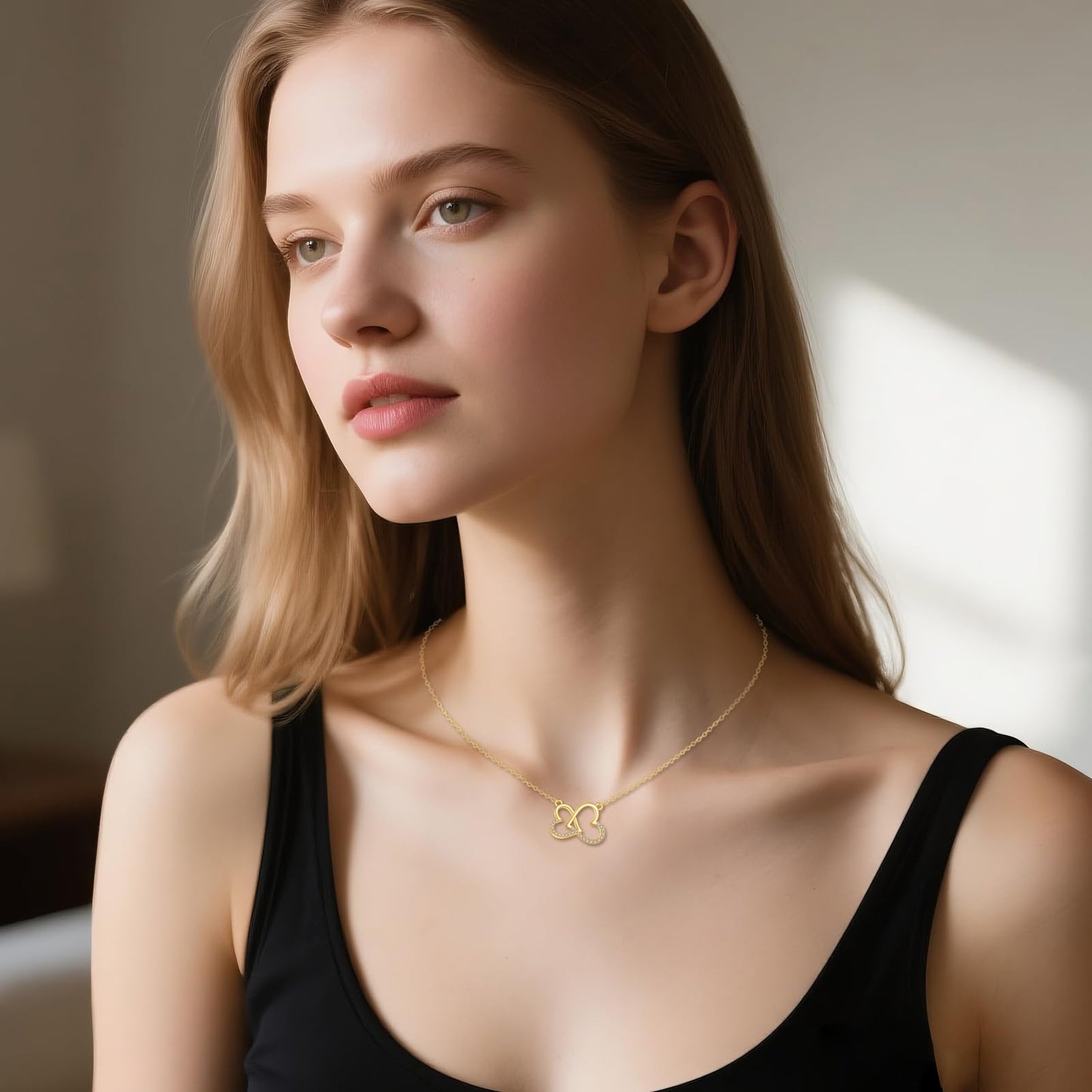 DOVRAN 10K Solid Gold Double Heart Necklace Heart Pendant Jewelry Gifts for Men Women