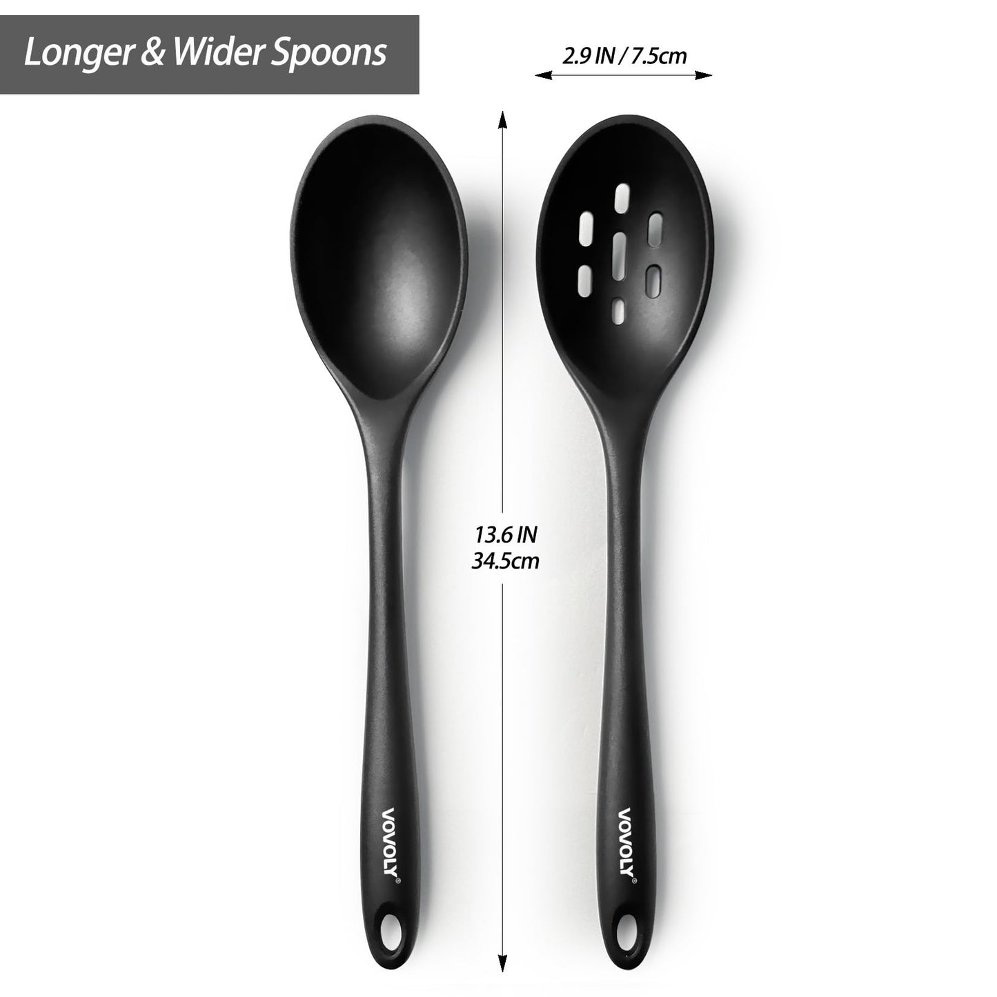 Silicone Spoons for Cooking - Extra Large Kitchen Spoons for Mixing, Serving, & Stirring - 600°F Heat-Resistant Non Stick Utensils Ladle & Skimmer- Dishwasher Safe, Black