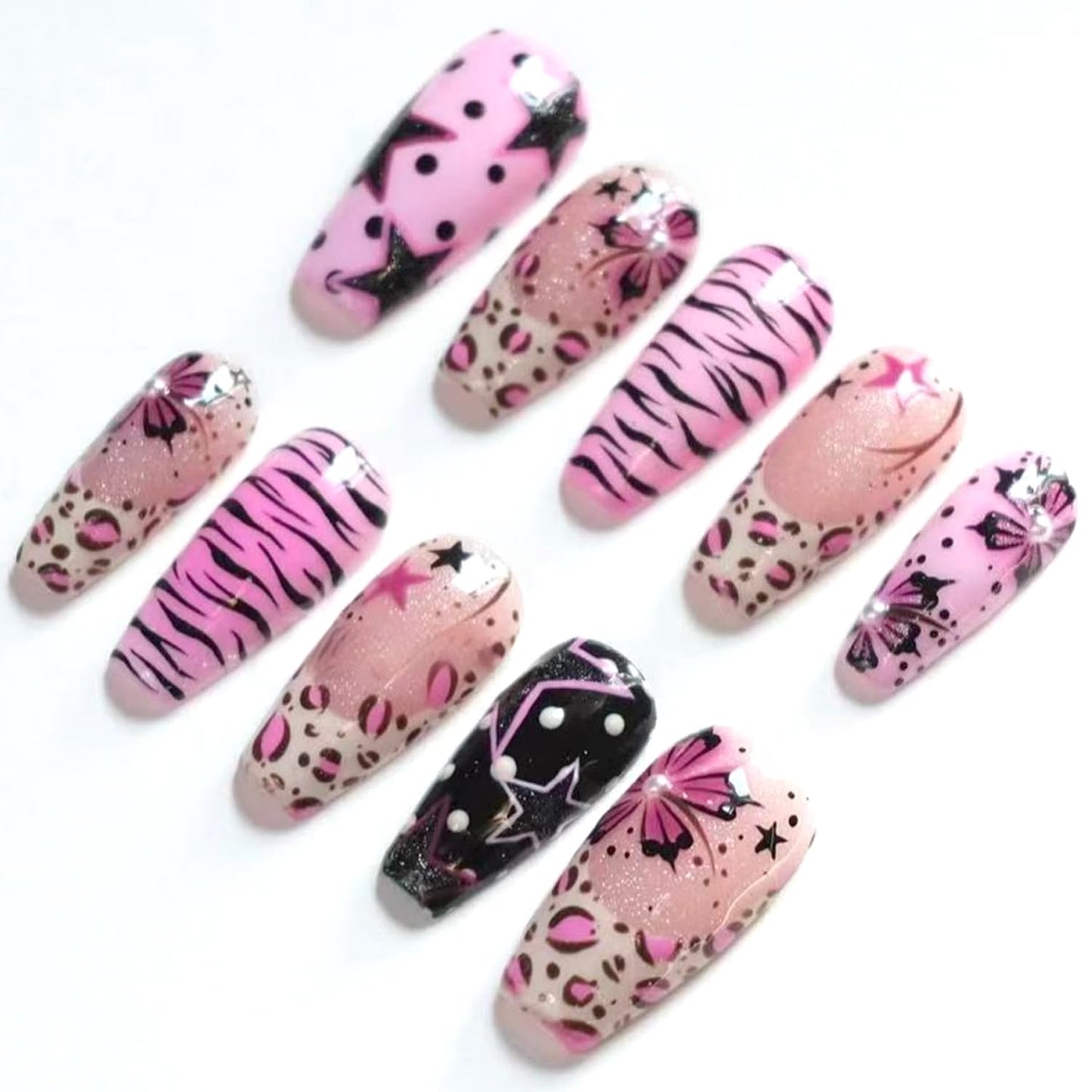 30Pcs Medium Press on Nails Square Fake Nails with 3D Pearl-decorated Y2K Style Five-Pointed Star Zebra Stripe Flower Design Glossy False Nails French Nail Tips Cute Stick on Nails for Women