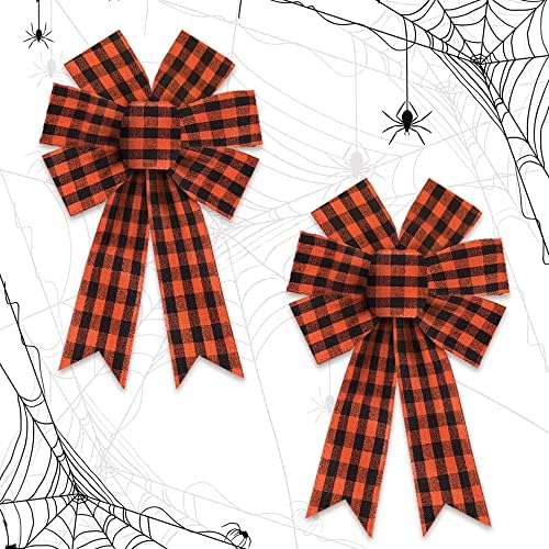 Heureppy 2pcs Halloween Wreath Bows Decor Bow Orange Buffalo Plaid Burlap for Wreaths, Tree Topper Home Decoration Ornament Supplies