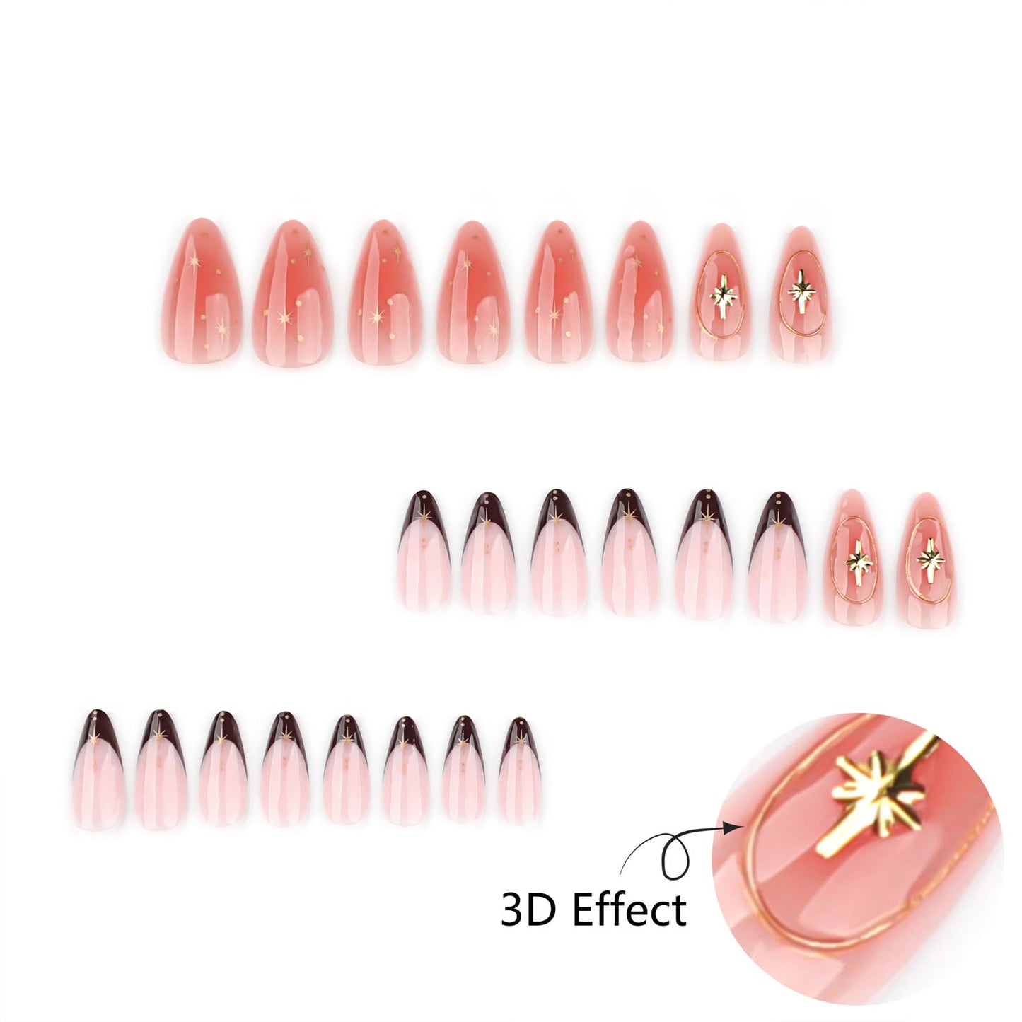 Mivota Medium Press On Nails Almond– 3D Gold Star Accent Brown French Tips, 24Pcs Reusable Acrylic Fake Nails, Glossy Stick On Nails with Designer Details, DIY Manicure Kit with Glue & Tools for Women