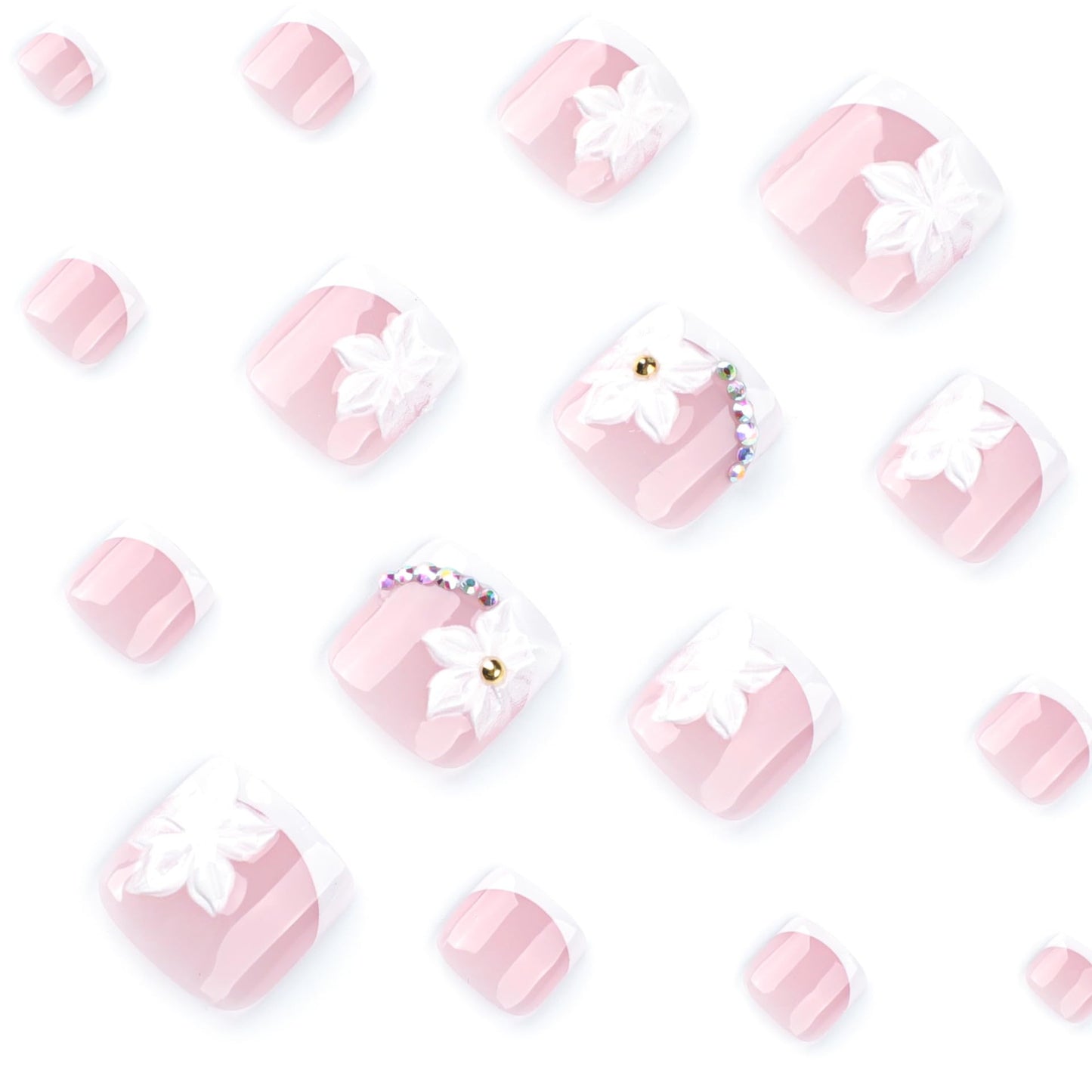 French Tip Press on Toenails Short Square Fake Toe Nails White Flower False Toenails 3D Floral Toe Press on Nails with Rhinestones Design Glossy Pink Acrylic Toenails Summer Nails for Women 24Pcs