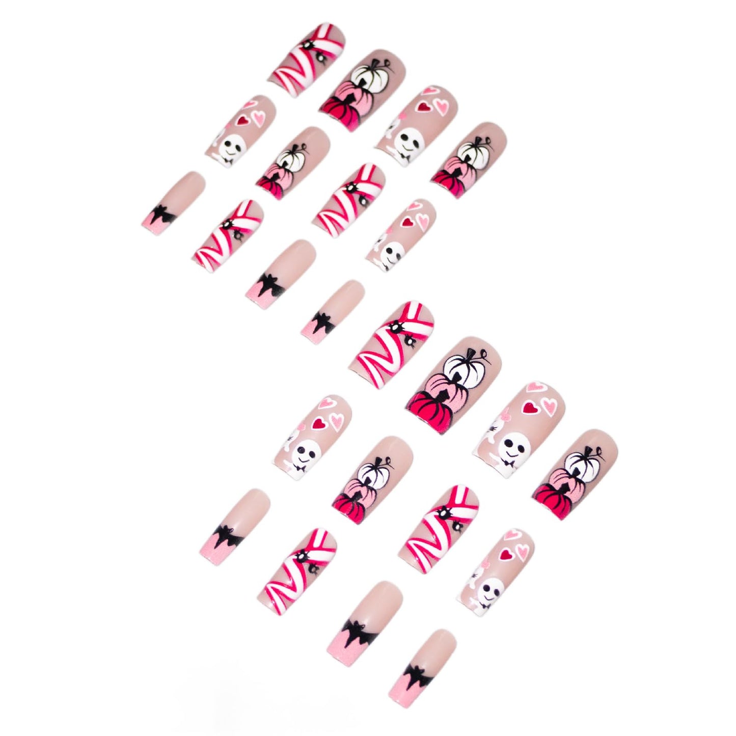 24Pcs Halloween Press on Nails Long Square Fake Nails Cute Ghost Pumpkin Bat Designs Halloween Glue on Nails Glossy Pink False Nails Full Cover French Tip Stick on Nail for Women Manicure Decor