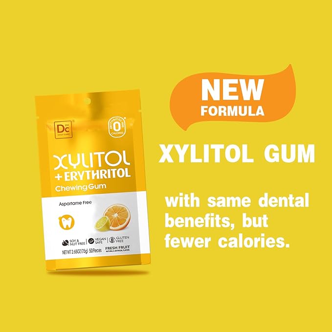 DC24 DAILY CARE Gum, Aspartame Free & Sugar Free, Xylitol Chewing Gum with Erythritol, Low-Calorie, Sugarless, Fresh Fruit Flavored Gum, 50 Pieces (Pack of 3)