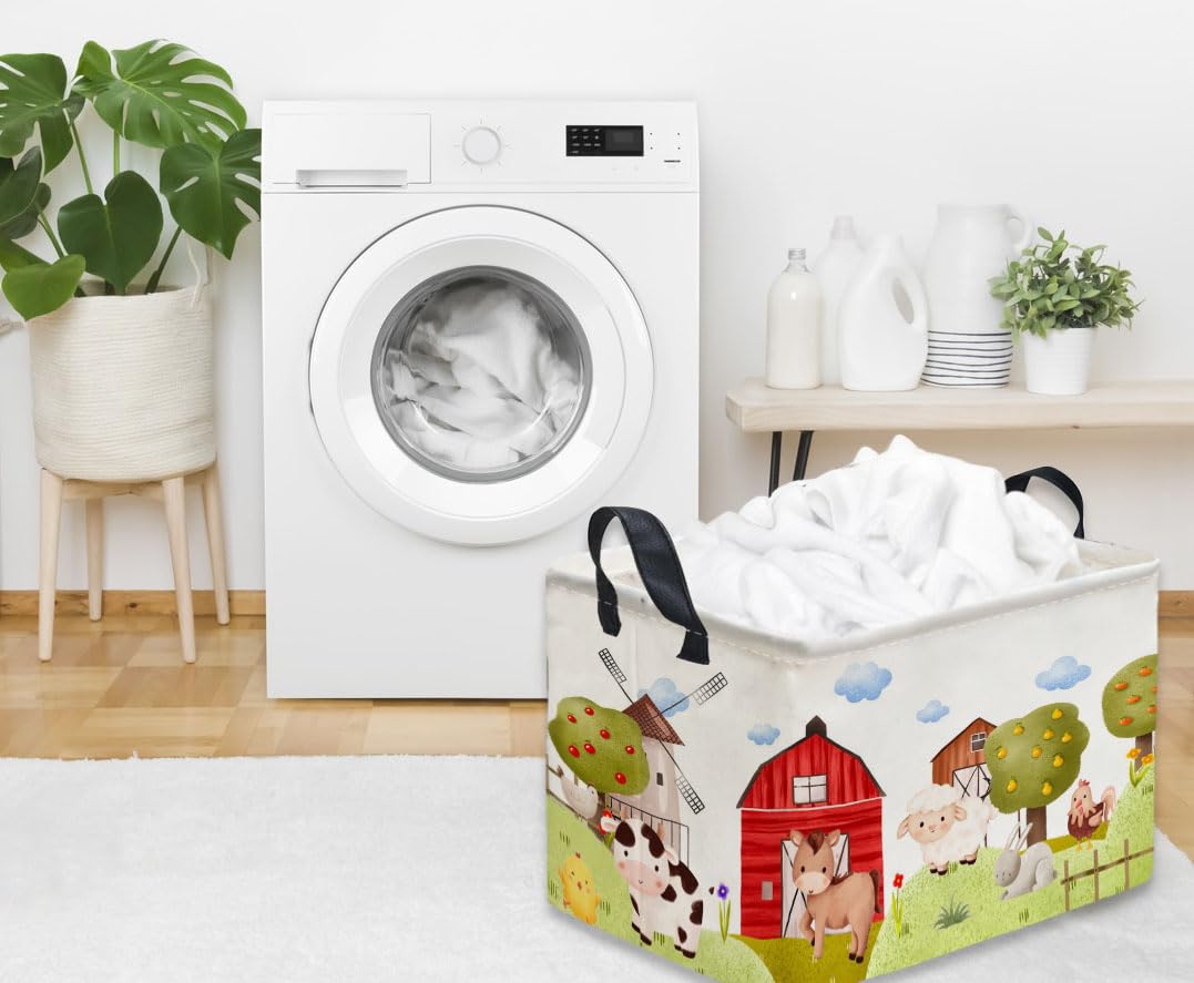 Sanjiaofen Rectangular Kids Baskets,Farm Baskets for Kids .Waterproof PE Coating Cute Basket with Handles.Boys Bins,Gifts Box,Books Basket. (Farm)