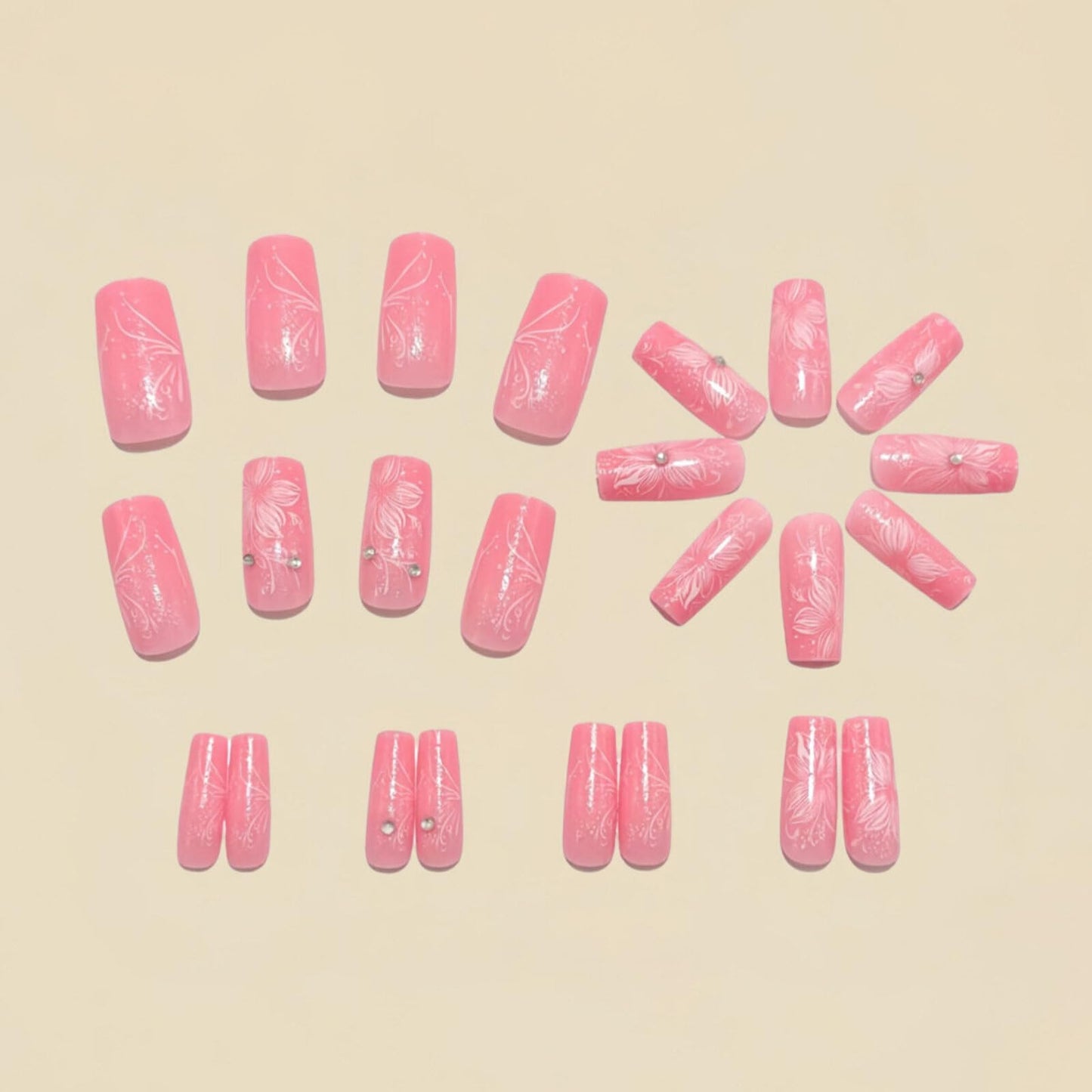 Medium Square Nails Pink Base White Floral Patterns White Naked Diamond Small Decorations Glossy Surface False Nails Designs Fashion Style Manicure Artificial Nails Spring Vibe 24 Pcs