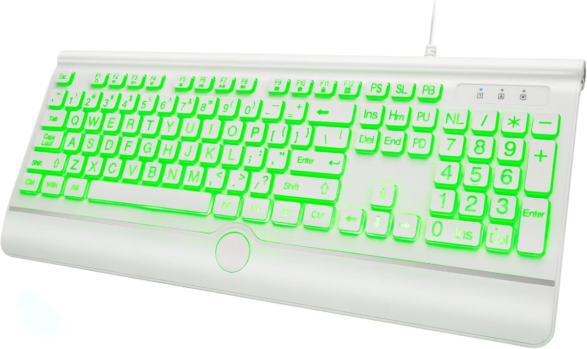 Large Print Backlit Computer Keyboard, USB Full Size Wired Keyboards with 7-Colors Backlight, Wrist Rest, Light Up Keyboard for Windows, PC, Laptop - Easy to See, Easy to Setup