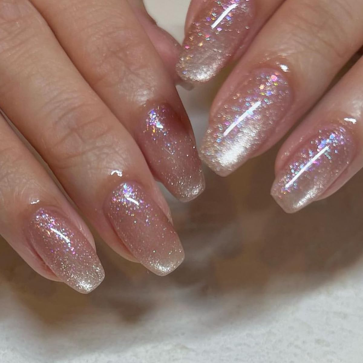 Pink Press on Nails Medium Ballerina Fake Nails Glitter False Nails with Design,Magnetic Nails Press on Reusable Artificial Nail Glossy Full Cover Glue on Nails Stick on Nails for Women Manicure 24Pcs