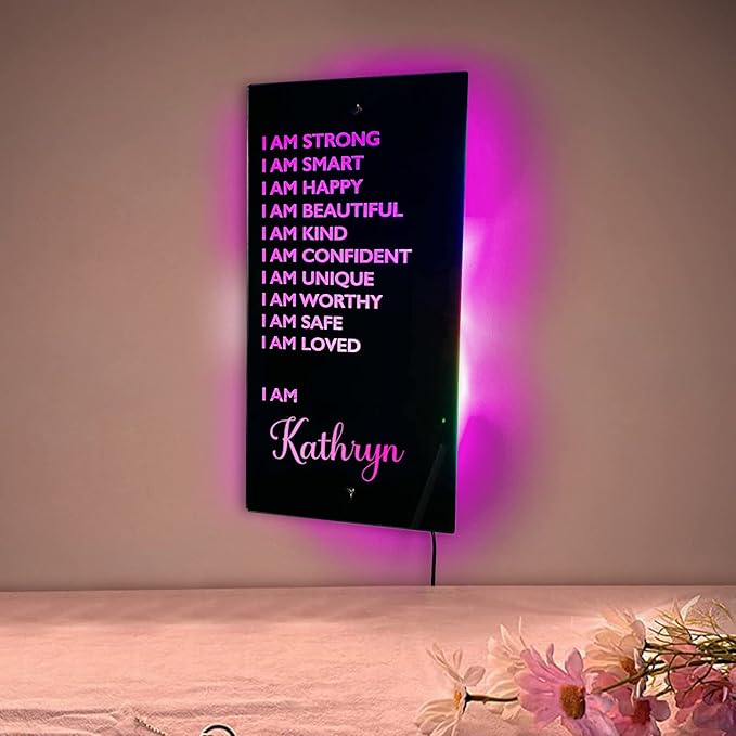 Personalized Name LED Affirmation Mirror, I AM Mirror Light for Bedroom