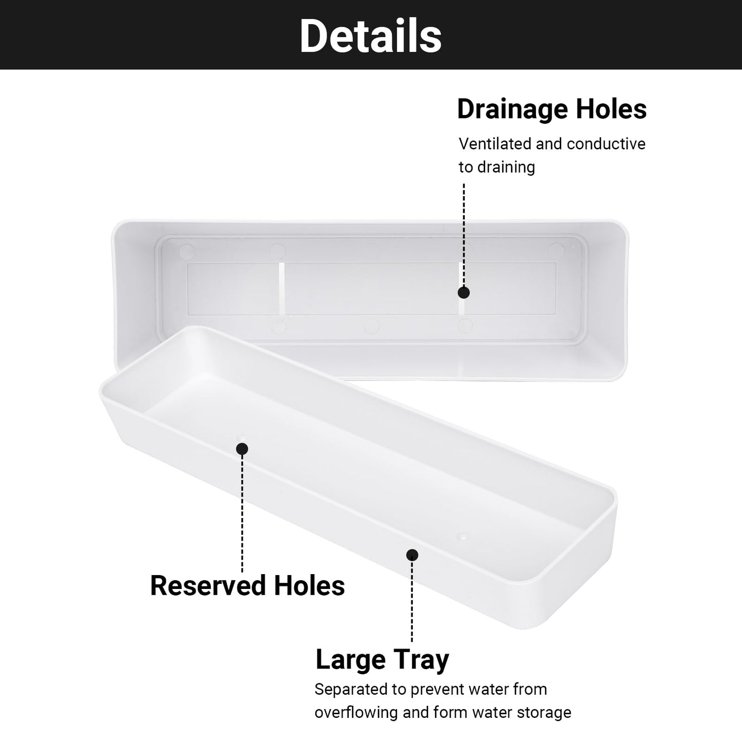 GREANER Window Boxes Planters, 3PCS 16x3.8 Inch Large Herb Planters with Tray, Indoor Succulent Cactus Flowers Vegetable Plastic Rectangle Pots for Balcony, Office, Garden, Outdoor, Windowsill (White)