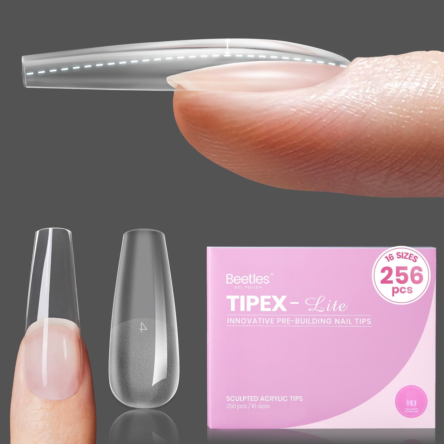 Beetles Tipex Lite Pre-Built Instant Apex Gel Nail Tips, Coffin Long, 256pcs Value Pack, 16 Sizes, Flat-Nail Friendly Acrylic Tips for Natural Nail Beds, Easy for Beginner DIY