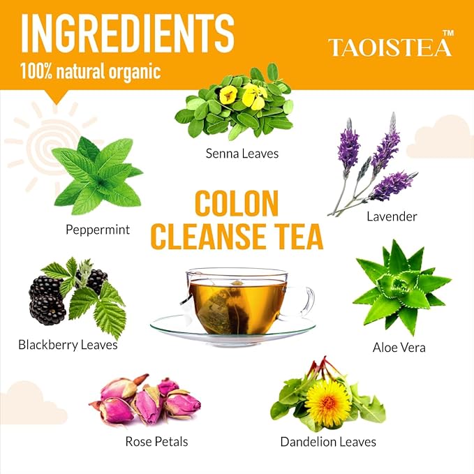 TAOISTEA Colon Cleanse Tea, Herbal Tea Blend with Senna, Peppermint, Dandelion Aloe Vera, Improve Digestive Health and Gental Gut Cleanse - 14 Bags