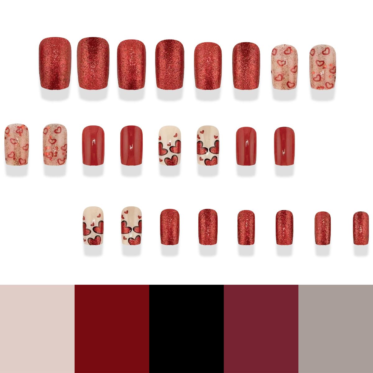 Valentine's Square Press on Nails Medium Hollow Heart Fake Nails Red Heart Glitter Design Glue on Nails Heart Acrylic Nails Full Cover Artificial Stick on Nails Valentine False Nails for Women