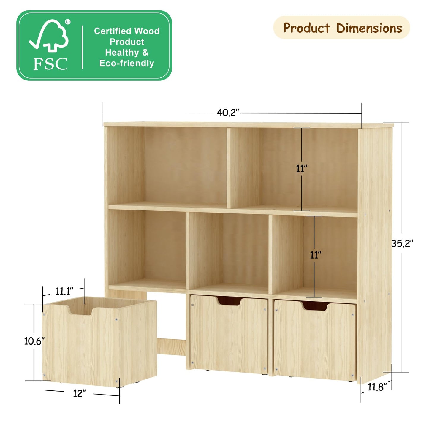 EXPERLAM Toy Storage Organizer, Toy Organizer with 3 Movable Drawers and 5 Storage Cubes, Toy Storage Chest with Hidden Wheels, Kids Bookshelf for Playroom, Burlywood
