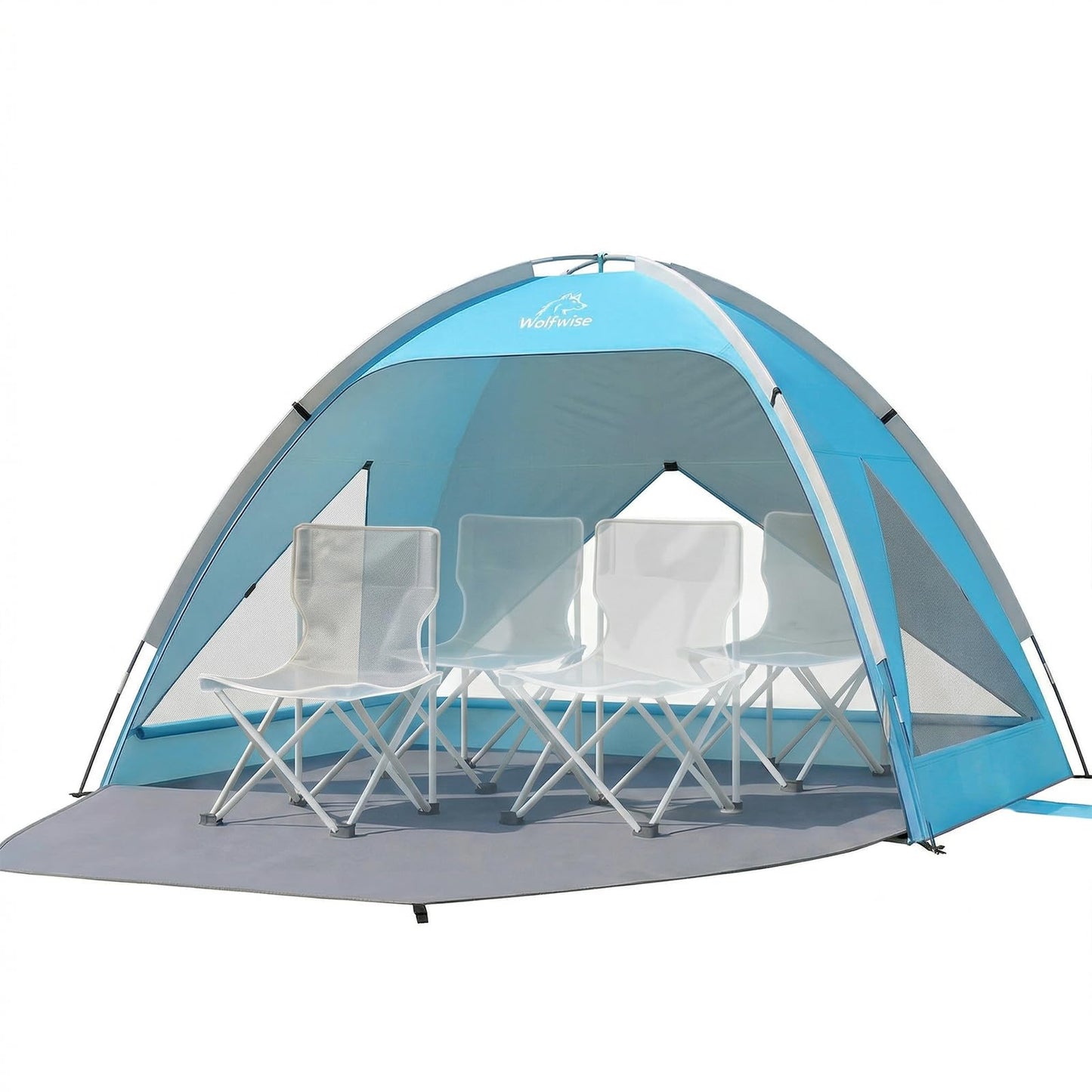 Wolfwise Large Beach Tent Sun Shelter for 3-4 Person, Spacious Sun Shade UPF 50+ UV Protection, Extendable Floor for Privacy, 3 Ventilated Mesh Windows, Portable with Carrying Bag, 95 ″x65″x55″, Blue