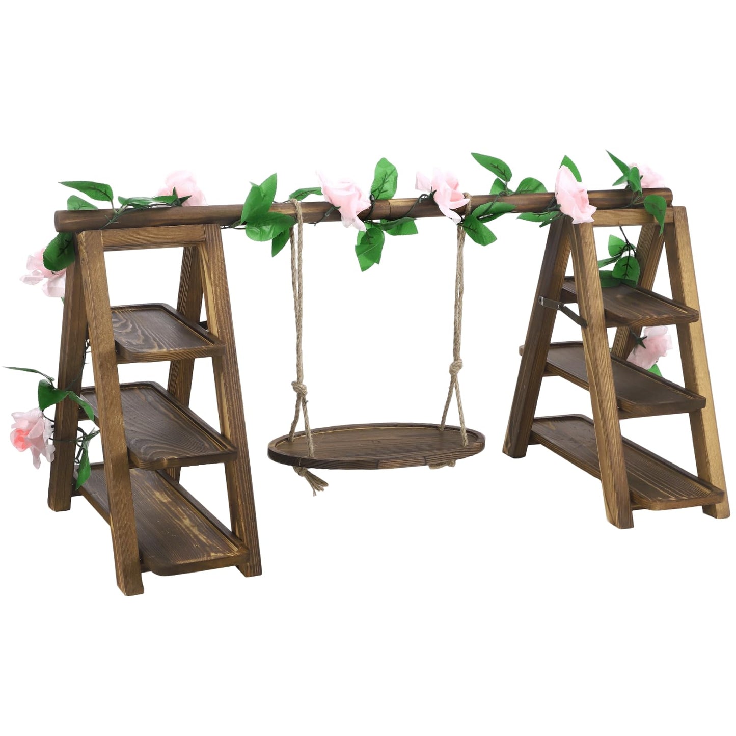 ZALIR Wooden Dessert Table Display Set with Swing and Flower Vine, Multi-Tiered A-Frame Foldable Food Cupcake Display Stand, 32 x 7.9 x 15.7 x 13.8 in for Parties, Weddings, Buffets, Easy Assembly