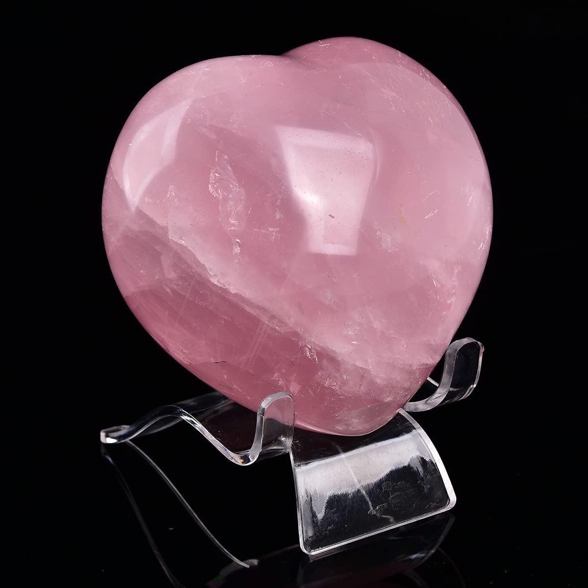 JIC Gem Large Heart Shaped Rose Quartz Crystal Healing Stone Pocket Palm Worry Stone with Display Stand Chakra Reiki Balancing 3.7"-4"