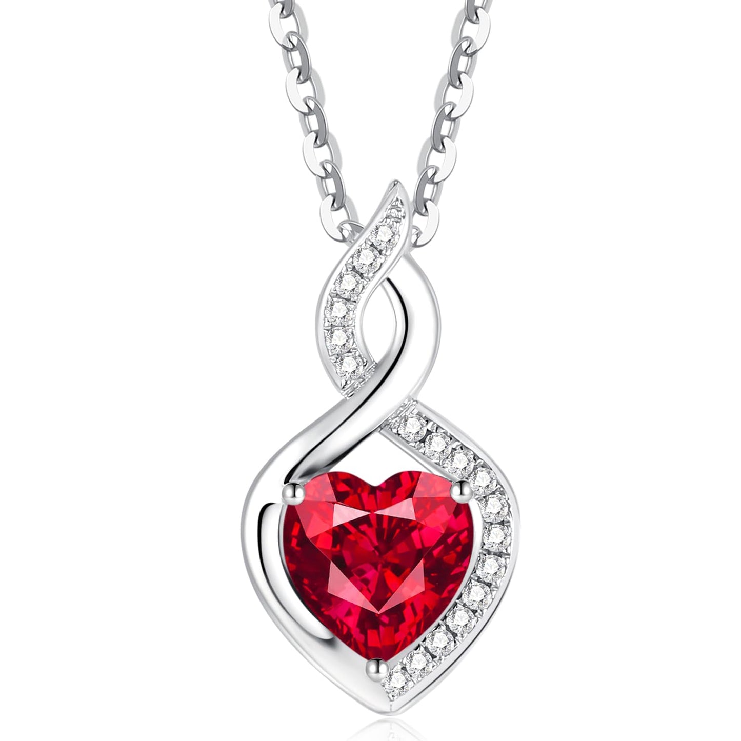 FANCIME Ruby Necklace 14K Solid White Gold Heart Pendant with Diamond July Birthstone Necklace Jewelry for Mom Women