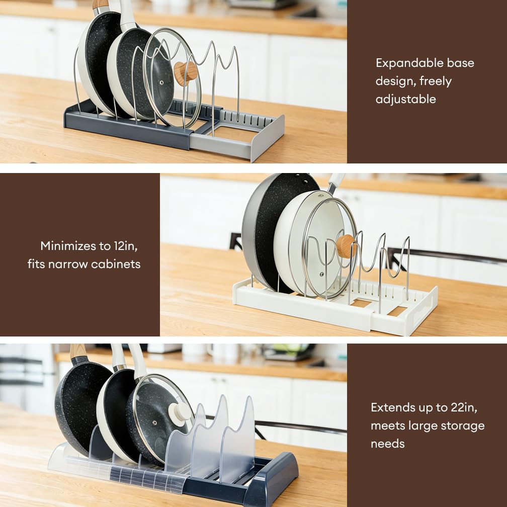 Tenrry Expandable Pot and Pan Organizer Rack for Cabinet, Adjustable 35-58cm Kitchen Cabinet Organizer with 8 ABS Dividers for Lids, Cutting Boards, Bakeware, Dark Gray