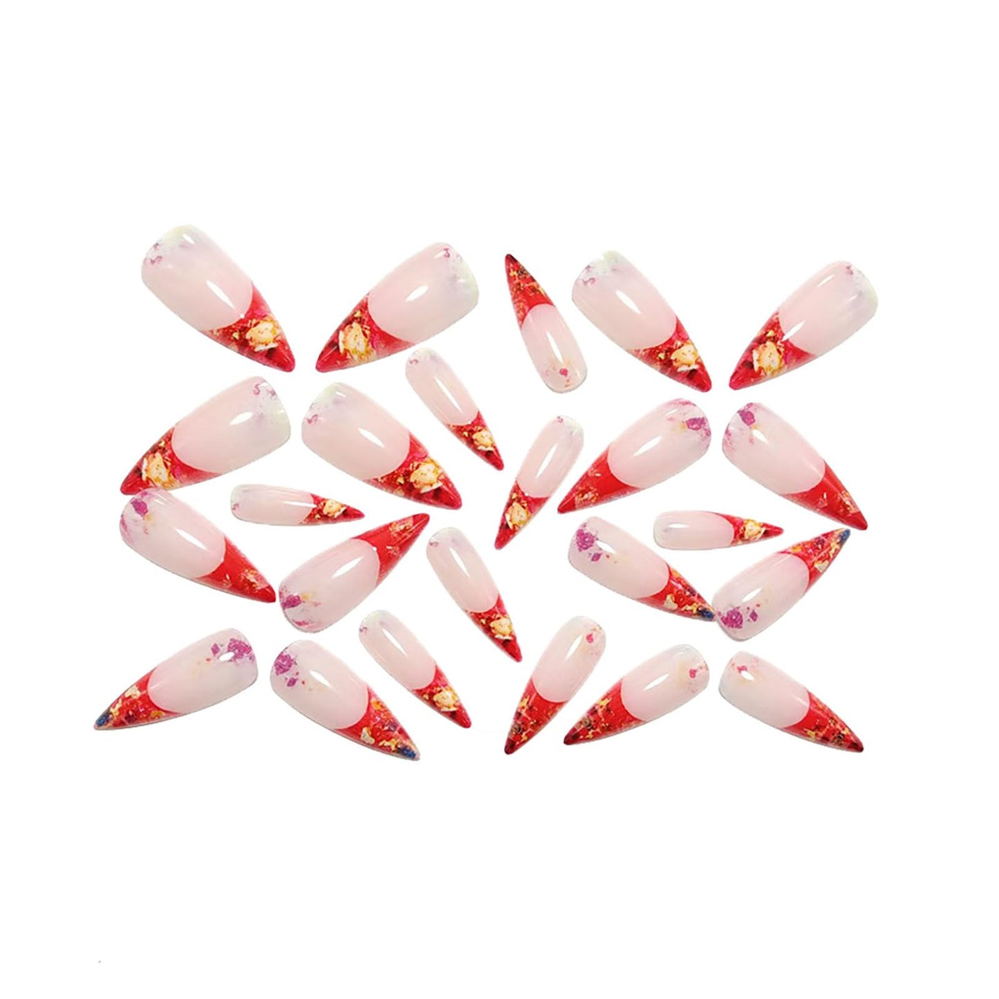 RUOKEXIN Long Stiletto Press on Nails French Tip Fake Nails Gold Glitter False Nails with Designs Almond Nail Press ons Sparkly Artificial Nails for Women 24Pcs