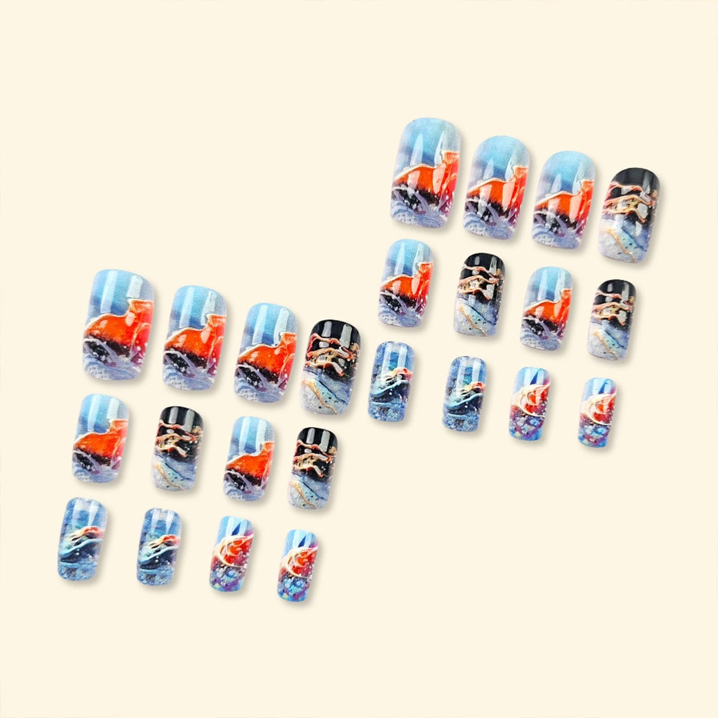 Square Press on Nails Medium Fake Nails with Lines Designs Glossy Nails Press ons Blue Gradient Black Glue on Nails Summer Acrylic Artificial Stick on Nails for Women 24Pcs