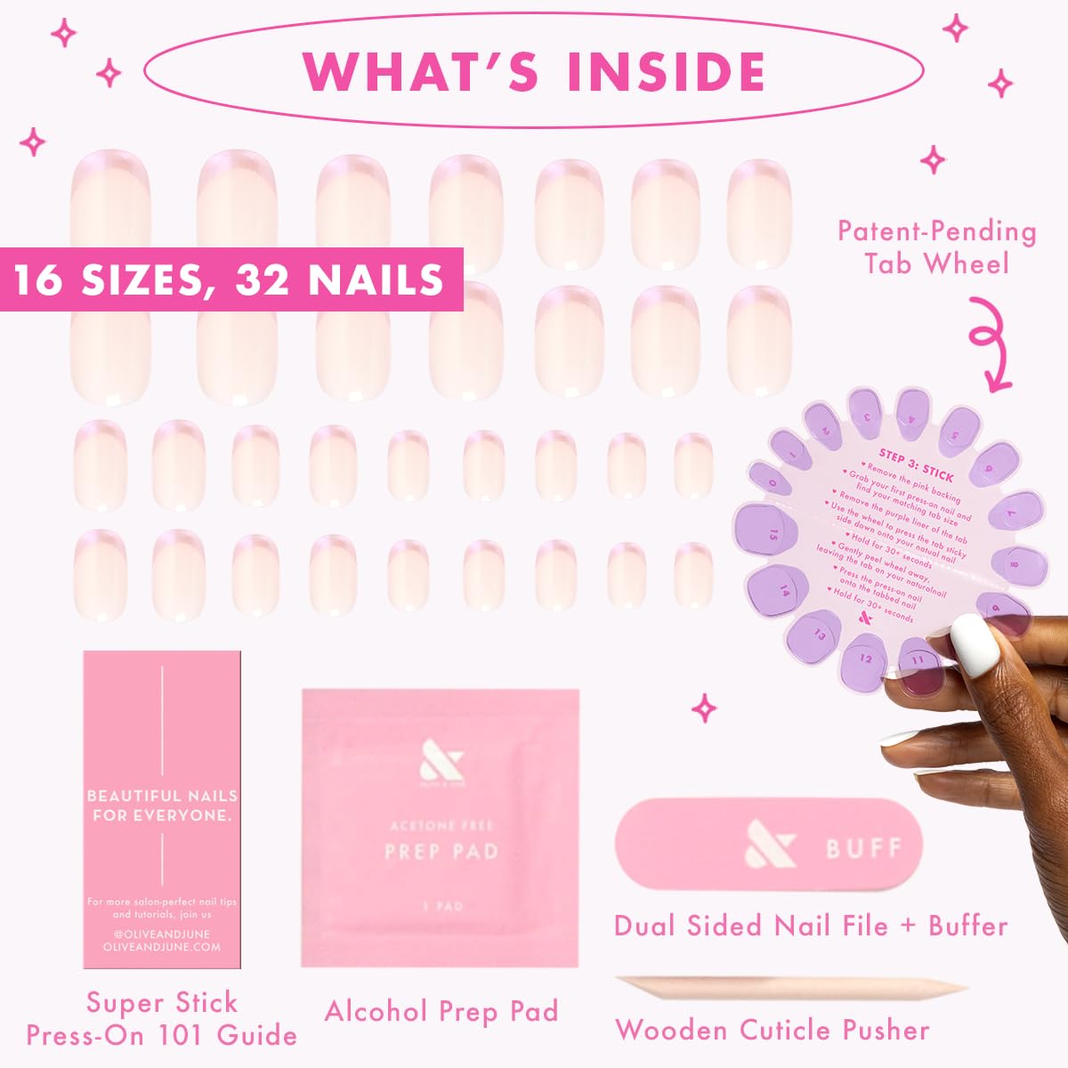 Olive & June Effects Super Stick Mani Press-On Nails | Short, Round | No Glue Needed | 32 Tab Nails in 16 Sizes | Non-Toxic Tabs | Easy On-Off, Non-Damaging | Realest Look | 7-Day Wear | Glazed French
