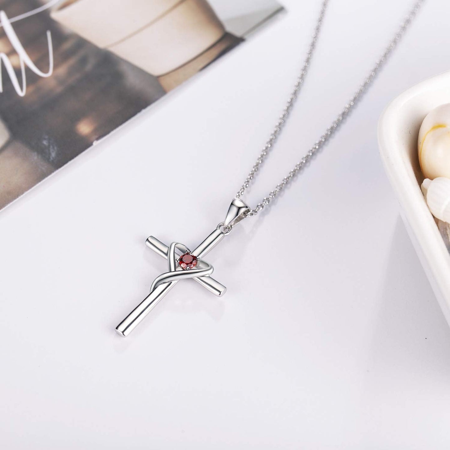 AmorAime 925 Sterling Silver Cross Necklace for Women Men 14K Gold Plated 5A CZ Birthstone Necklaces for Holiday (G.Dark Red-July-Ruby)