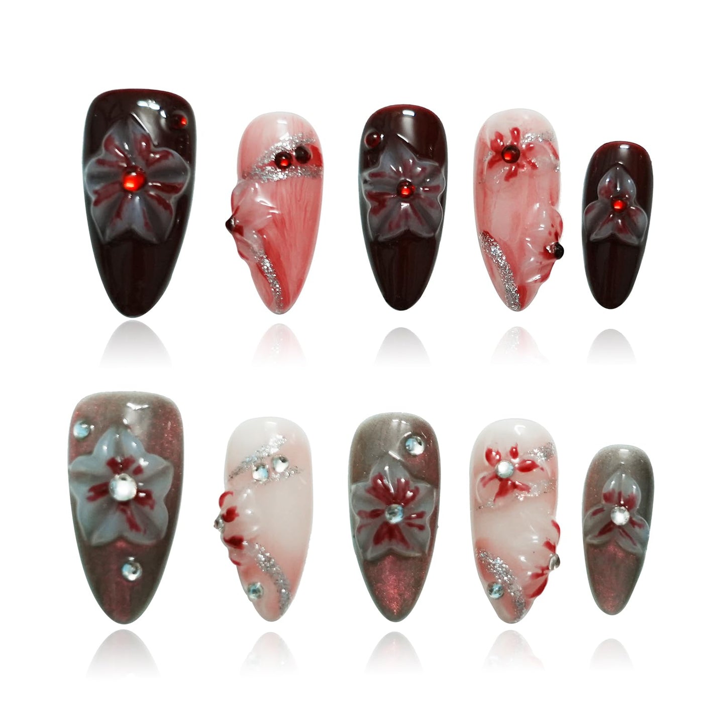 Tesytto Medium Almond Press on Nails – 3D Rhinestones & Red Ombre, Handmade Floral Thick Acrylic Gel Nails (Evil Flower, L)