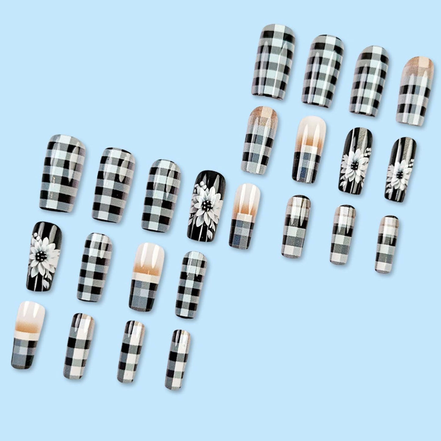 Square Press On Nails Medium Fake Nails Flower With Plaid Design Black False Nails Spring Acrylic Nails Full Cover Ombre Glue On Nails Artificial Nails Glossy Stick On Nails For Women Manicure 24pcs