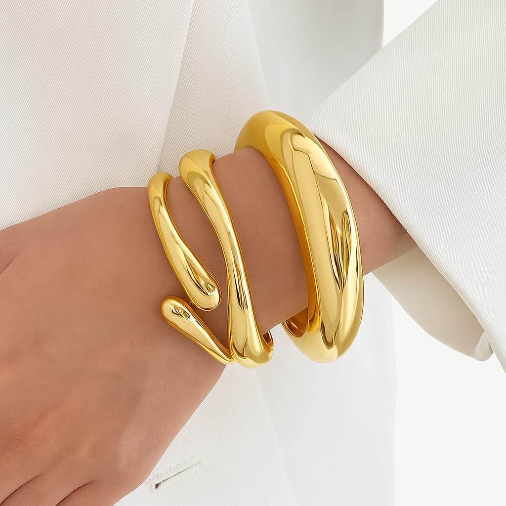 KKPOT Chunky Gold Bangle Bracelets for Women – 14K Gold Plated, 3-Piece Stackable Cuff Bangles Set, Trendy Minimalist Jewelry (Gold-1)