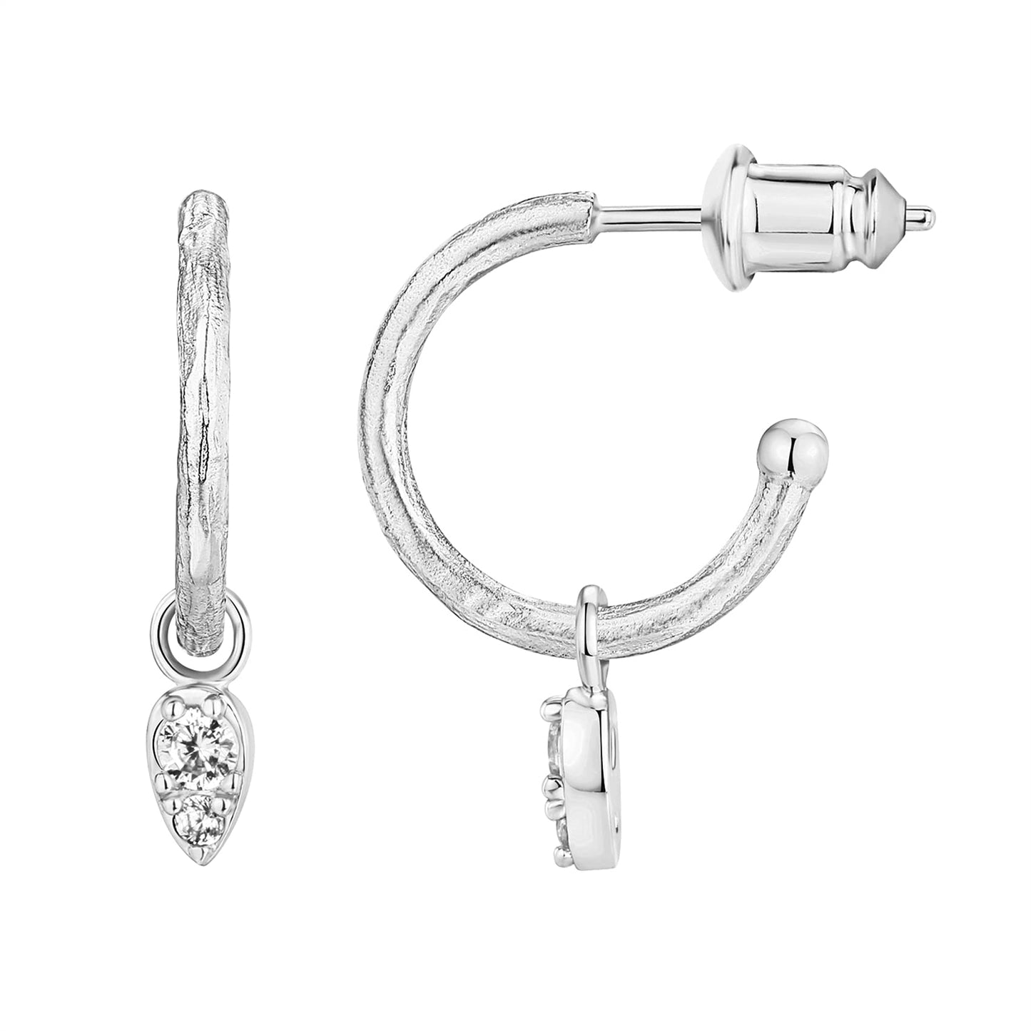 PAVOI Rhodium Plated 925 Sterling Silver Post Dangle Huggie Hoop Earrings For Women - Trendy Tear Drop Shaped Cubic Zirconia Open Hoop Earrings - Small Hinged Hammered Huggies