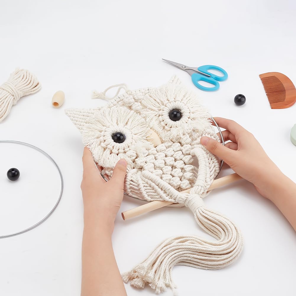 FREEBLOSS Macrame Owl Kit for Beginners Macrame Wall Hanging Kit DIY Macrame Kit with Video Tutorial Macrame Hanging Decor for Adults Gift, Naturally white