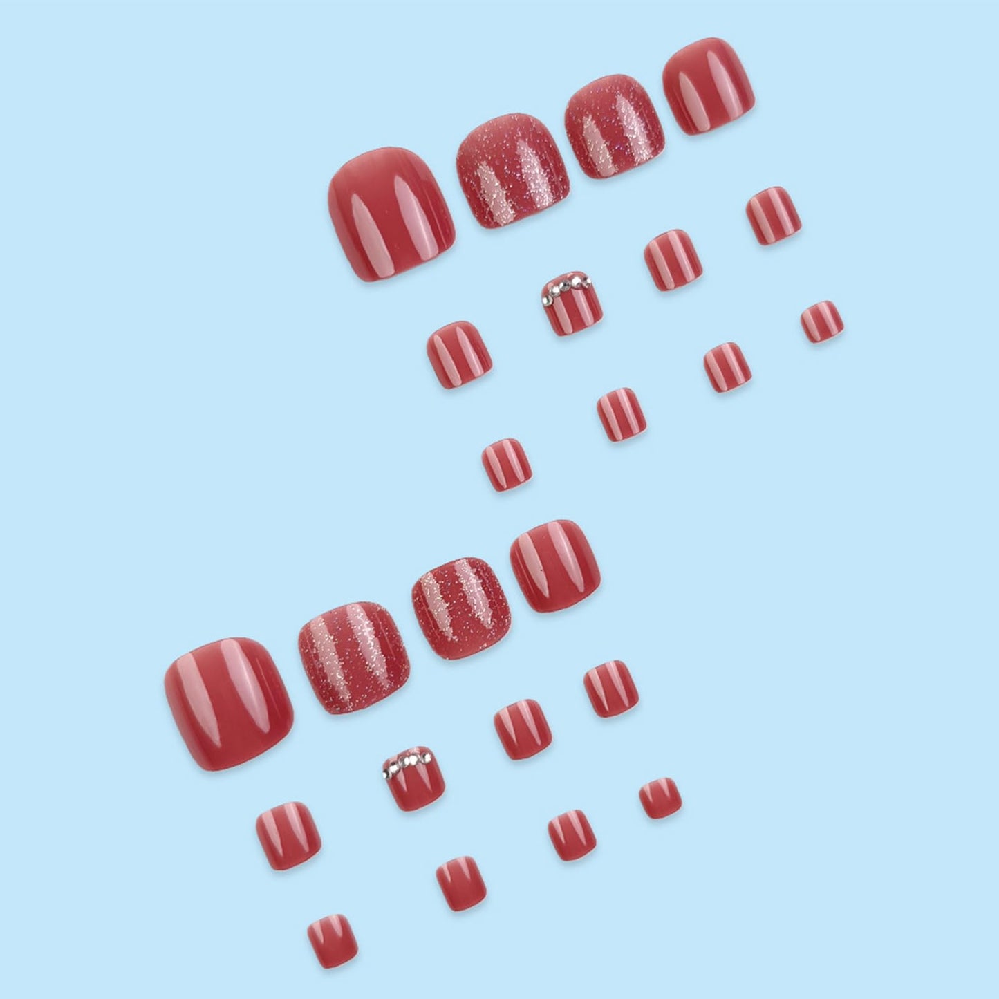 Short Square Press on Toenails Glitter Fake Toe Nails Glossy Acrylic Toe Nail Press ons Wine Red Toenails Press on Nails with Rhinestones Design Glue on Toe Nails for Women 24Pcs