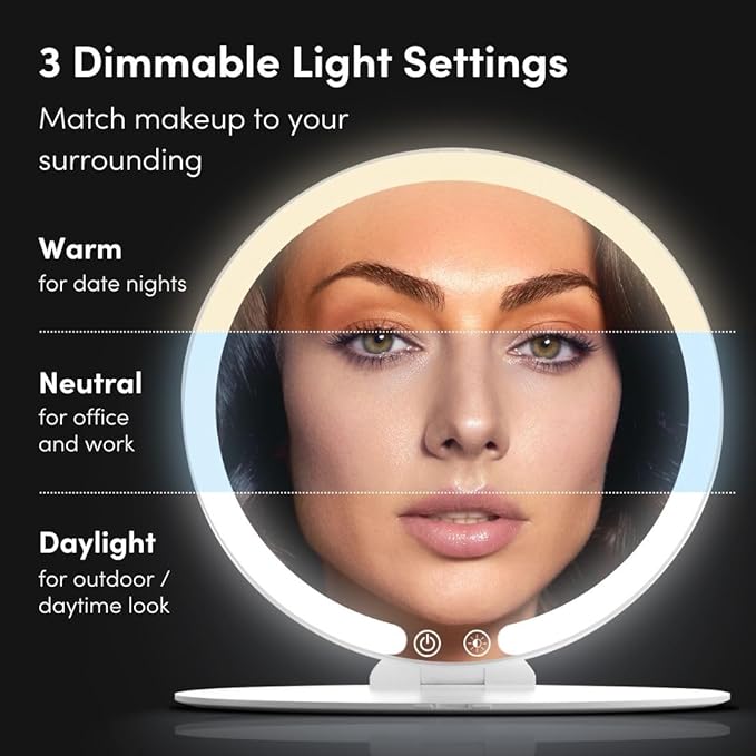 Fancii Abigail Rechargeable Travel Makeup Mirror with LED Light, 8" Foldable Stand, 3 Color Lighting Travel Mirror. Dimmable & Lightweight Portable Vanity Mirror, Beauty Travel Essential