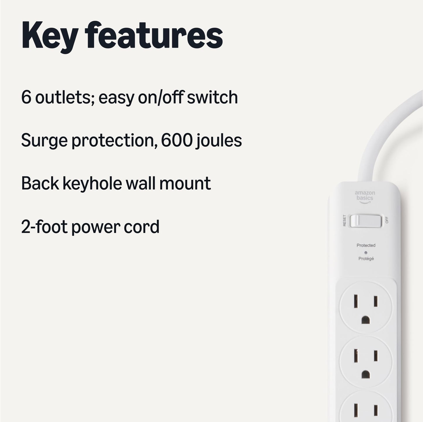 Amazon Basics Rectangle 6-Outlet Surge Protector Power Strip with Circuit Breaker, 600 Joule, 2ft Cord, White, 2-Pack