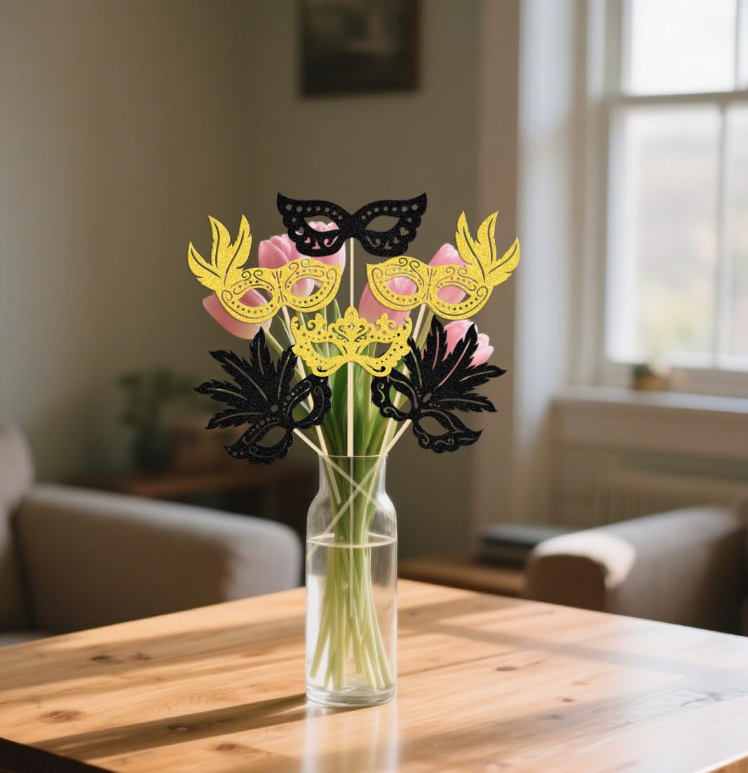 12 Pcs Masquerade Mask Centerpiece Sticks - Masquerade Mask Party Decorations - Venetian Mask Party Decorations