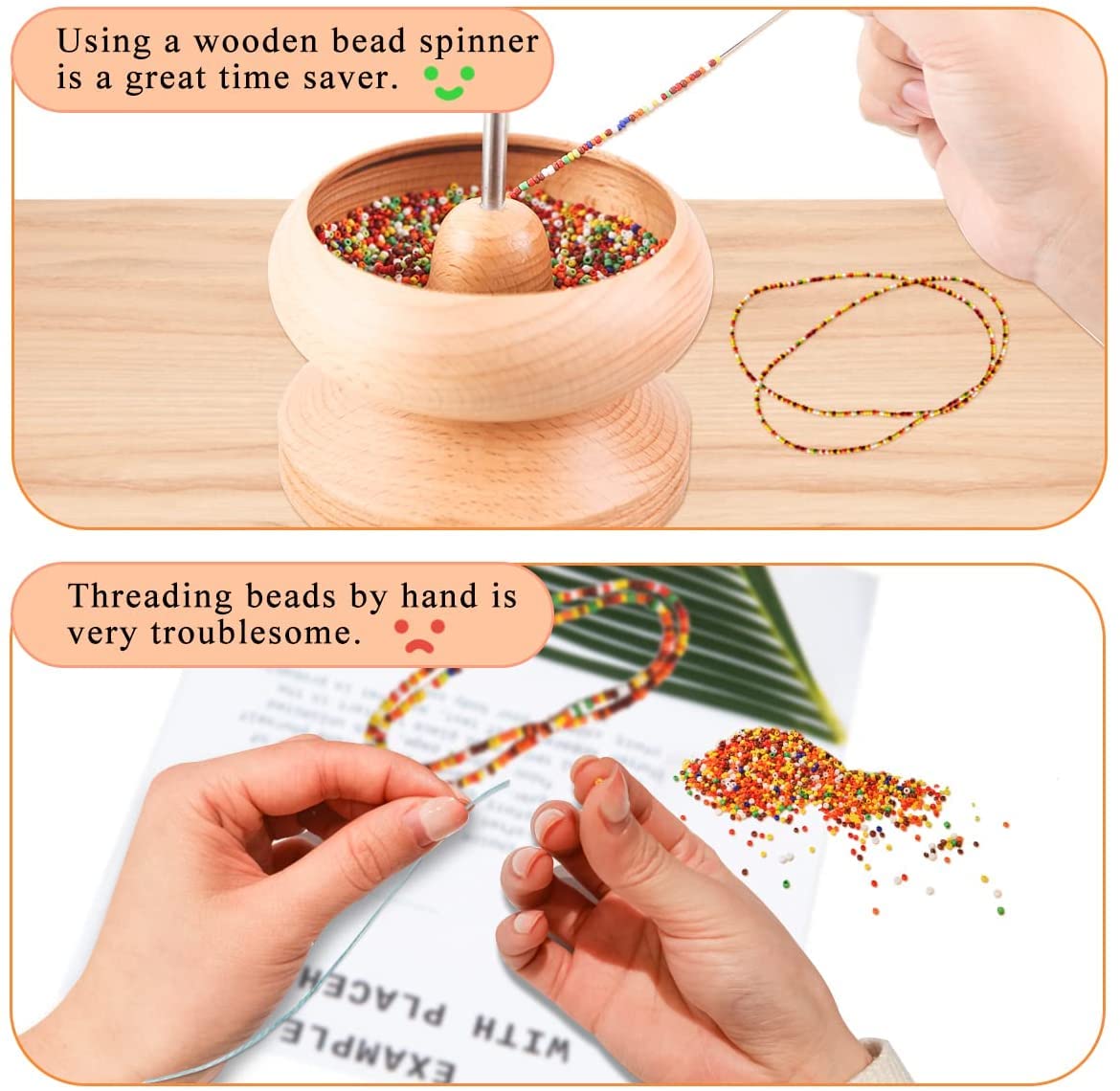 hobbyworker Upgrade Wooden Bead Spinner with 2 Pcs Big Needles,8000 Pcs Seed Beads and 1 Surprise Gift Pack for Jewelry Making Tools,Quickly Stringing Beads Tool, Manual Operated