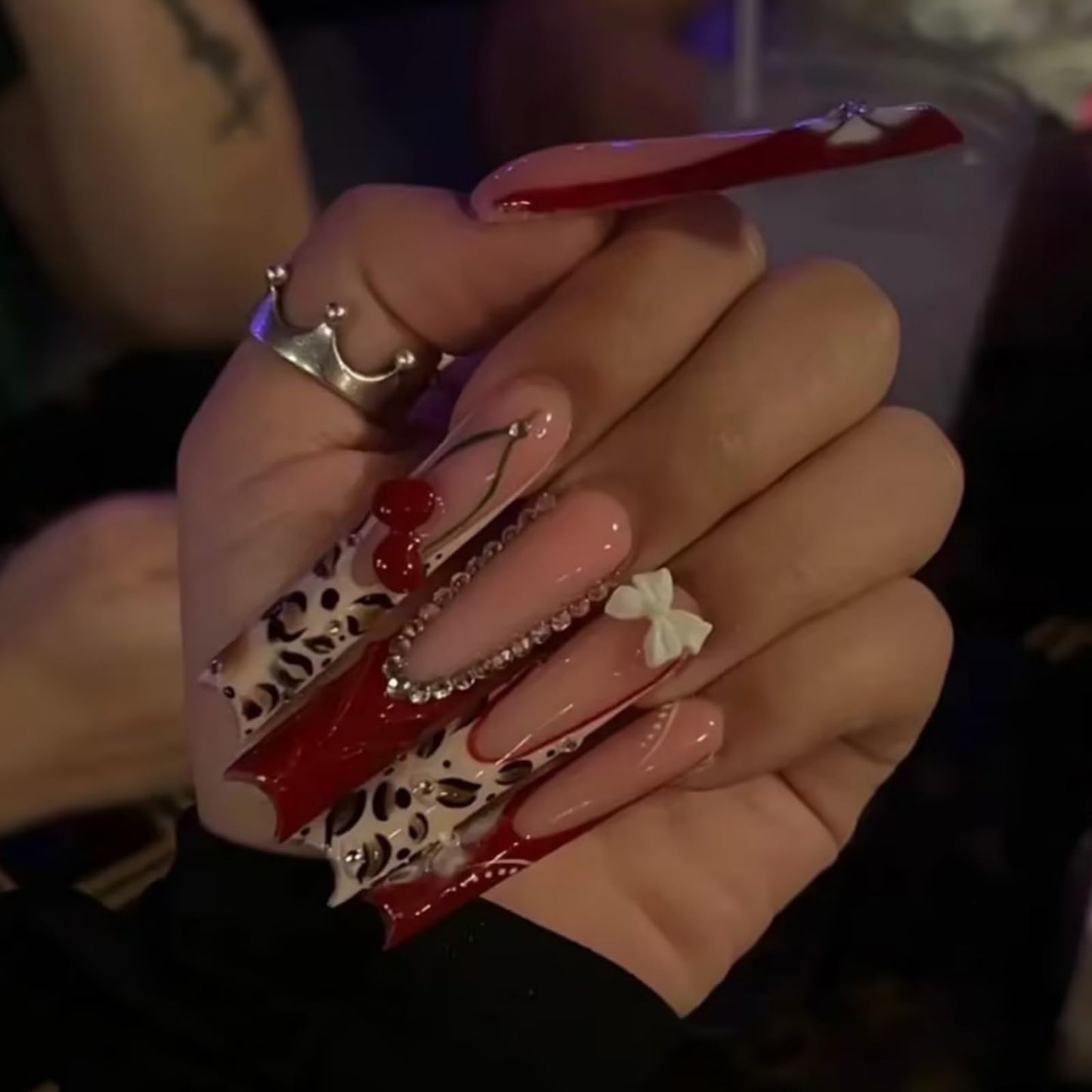 IMSOHOT Red Press on Nails Long Square Fake Nails French Tip False Nails with 3D Cherry & Rhinestones Designs Acrylic Full Cover Leopard Print Stick on Nails