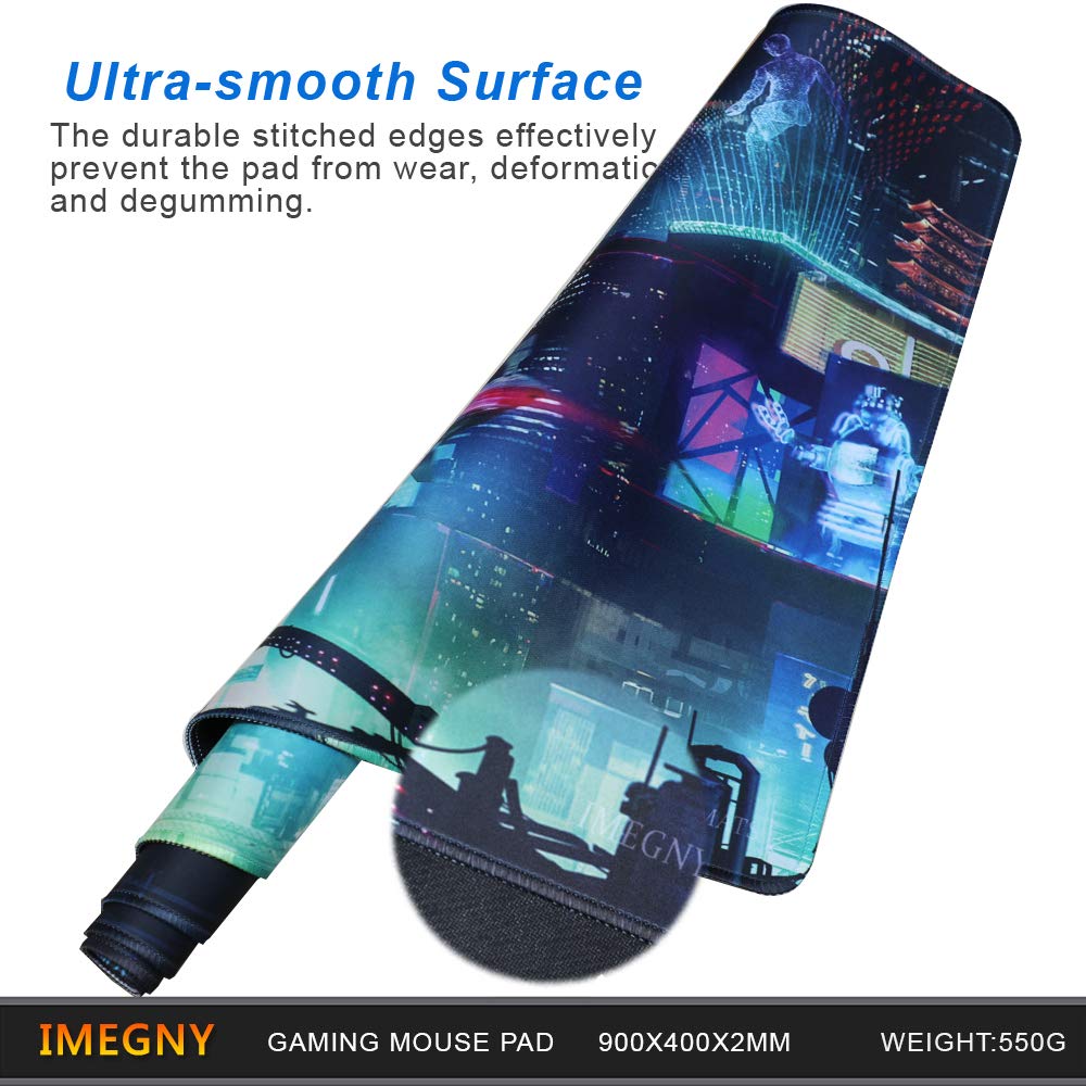 Imegny Extended Gaming Mouse Pad, Portable Mat for Keyboard & Mouse with Stitched Edges + Non-Slip Rubber Base （90x40 Green city005）