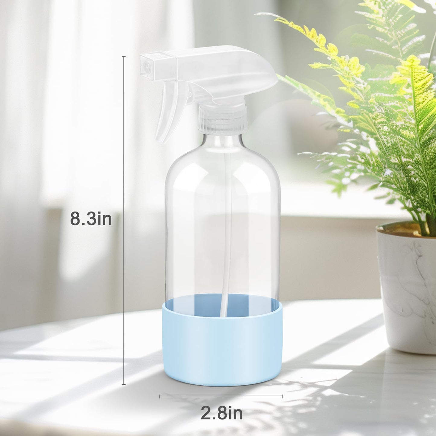 Worldgsb 2 Pack Glass Spray Bottles with Silicone Sleeve, 16 oz Empty Refillable Containers with Adjustable Spray Nozzles, Spray Bottles for Hair, Cleaning Solutions and Plants Blue&Grey