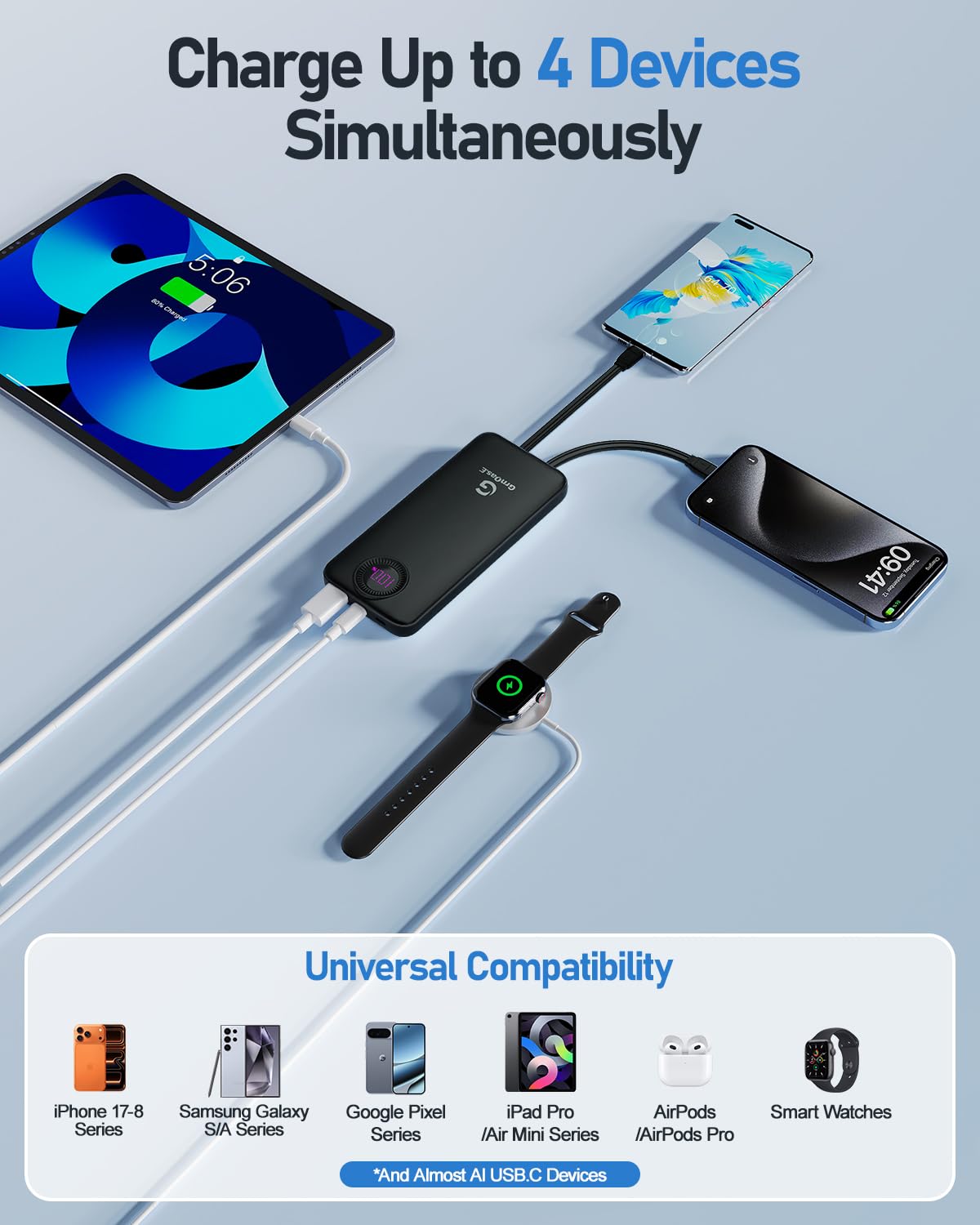 GrnOas.E Power Bank,10000mAh 22.5W Max Portable Charger Built in Cables，4 Outputs 2 Inputs External Phone Powerbank,5V/3A Fast Charging Travel Charger for iPhone Android iPad,(Pearl Black)
