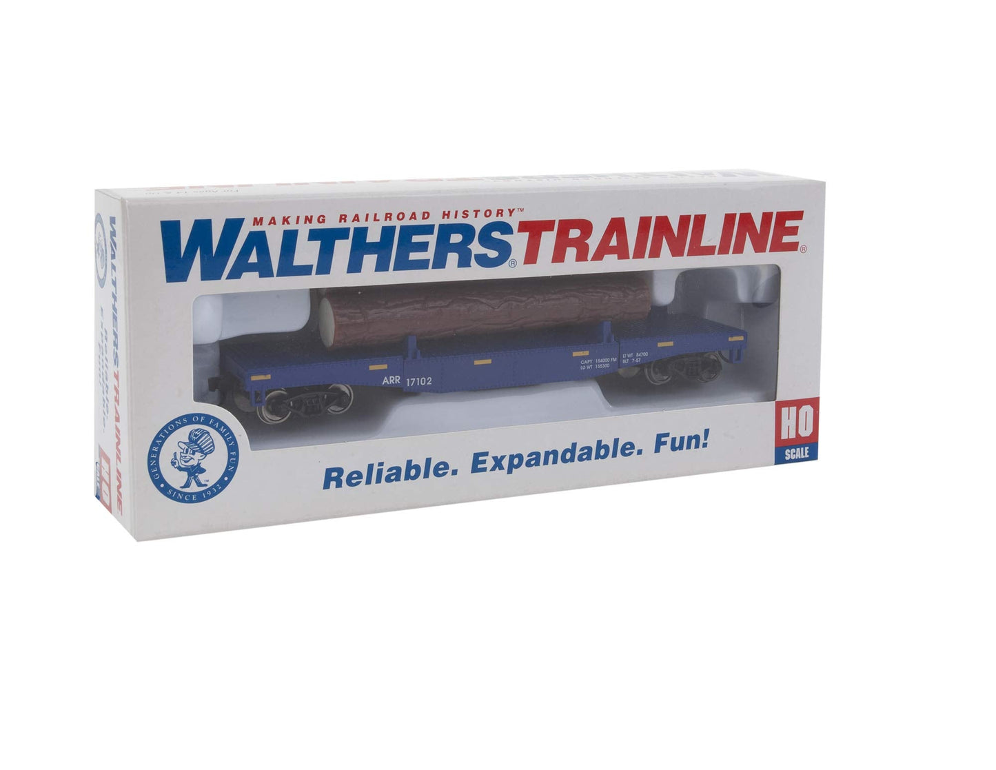 Walthers Trainline Log Dump Car with 3 Logs-Ready to Run-Alaska Railroad #17102 (Blue, Yellow Conspicuity Marks) 931-1770 HO Scale Model Railroad - Freight Model