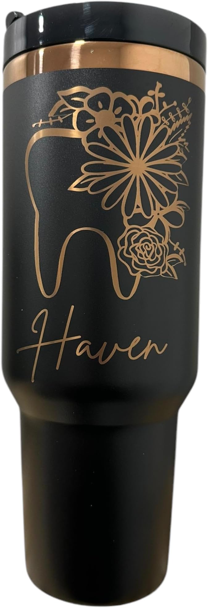 Dental hyginiest tumbler 40oz tumbler Tooth tumbler Dental water bottle Gift for dentist Gift for dental hyginiest Office gift (Black/Rose Gold-Floral tooth(named))