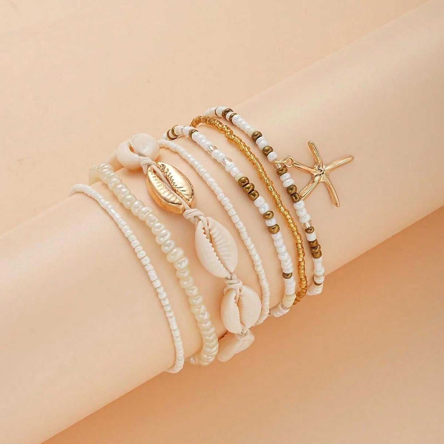 Qceasiy Shell Ankle Bracelet Set for Women, Gold Plated Boho Bead Adjustable Anklet, Hawaiian Beach Seashell Pearl Heart Starfish Conch Foot Jewelry Gifts (Starfish Shell 7Pcs)