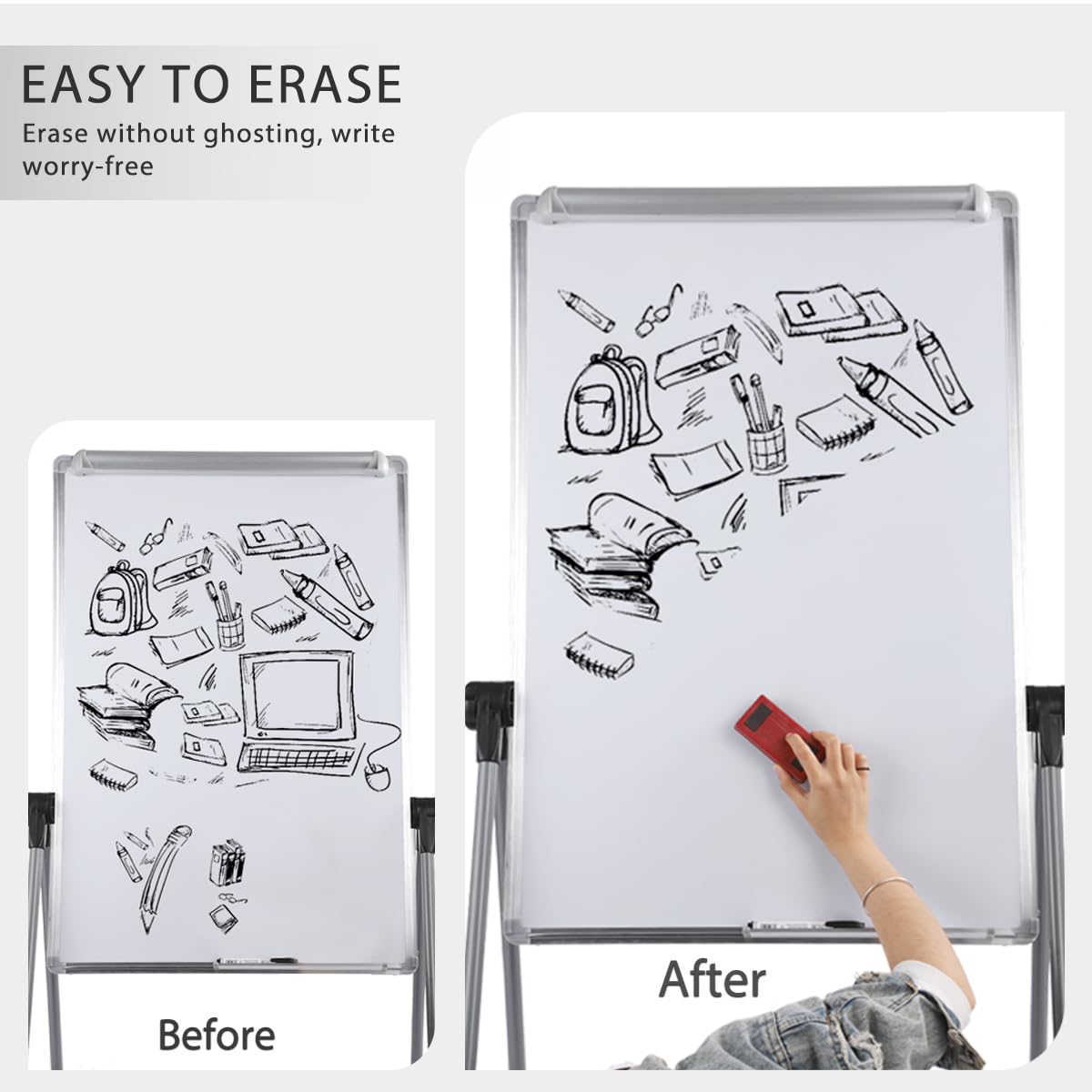 Dry Erase Board with Stand, Double Sided Magnetic Whiteboard, 24 x 36 Portable Height Adjustable White Board with Aluminium Frame