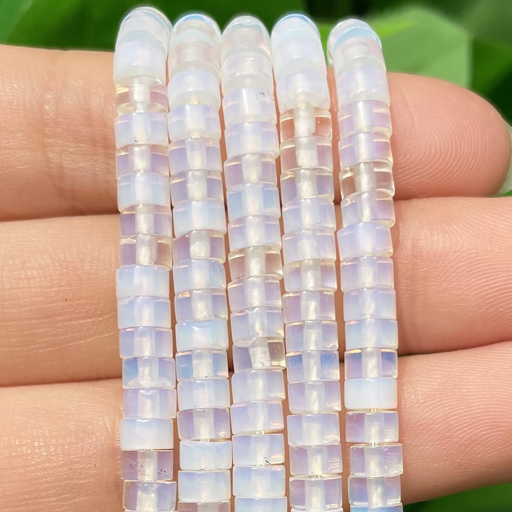NITOPUPU 150Pcs 4×2mm Natural White Opal Spacer Stone Beads for Jewelry Making Supplies, Loose Semi Flat Round Gemstone Tube Beads for Bracelets DIY Crafts