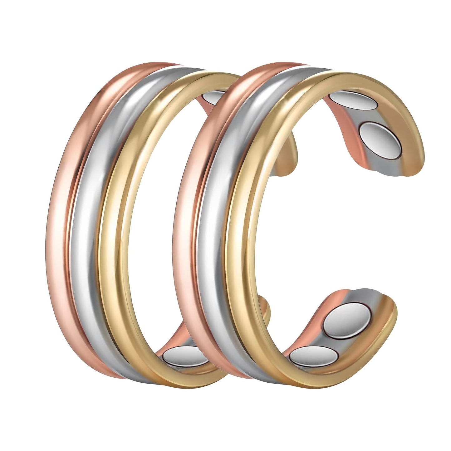 MagSølv 2PCS Copper Rings for Women, 99% Pure Copper Adjustable Magnetic Ring with 4 Magnets, Tricolor Gold Jewelry