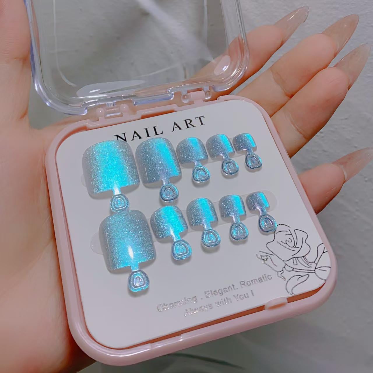 Blue Press on Toenails Cat Eye Fake Toe Nails Short Square Acrylic Toenails Glossy Chrome False Nails Shiny Glitter Artificial Toe Nails for Women Girls Manicure 24Pcs