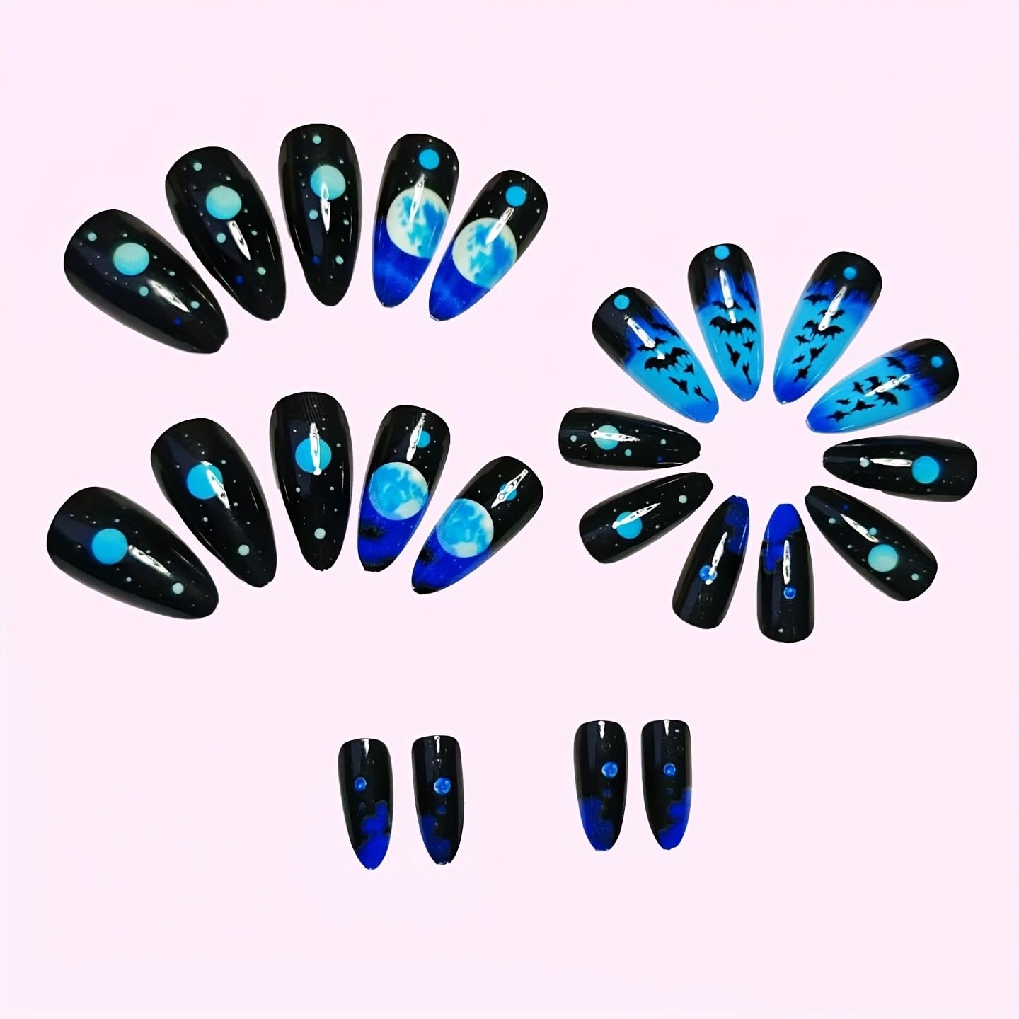 Halloween Black Blue Gradient Press on Nails Almond Fake Nails with Bat Moon Designs Goth False Nails Black Bat Glossy Reusable Glue on Nails for Women Girls Halloween Manicure Decoration 24pcs